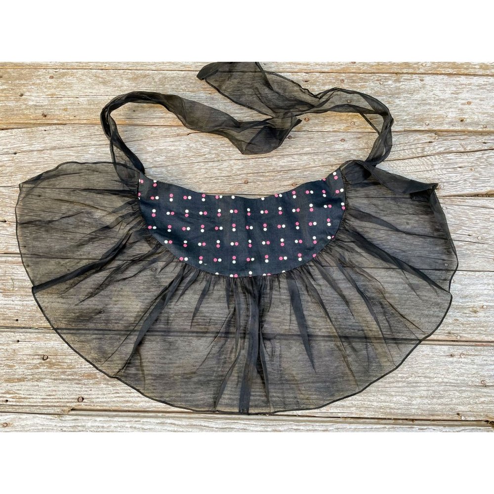 Vintage Hostess Apron Black Organdy pink polka dot